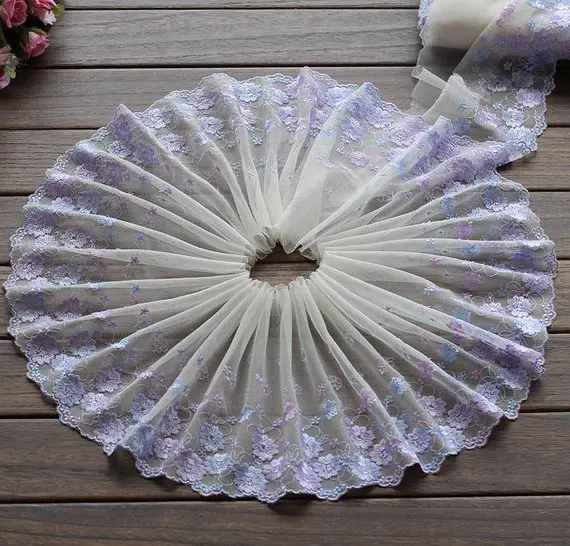 

2 Yards Lace Trim Purple Flowers Floral Embroidered Tulle Lace 7.48 Inches Wide
