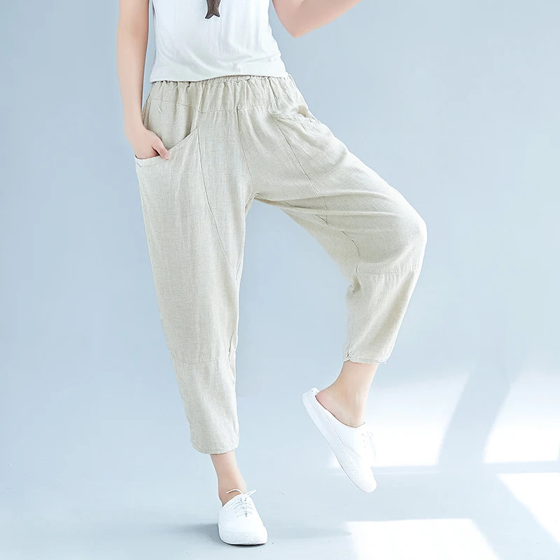 Pantalones Femme 2019 Cotton Linen Harem Pants Women Pocket Elastic High Waist Casual Spring Summer Trousers Women Radish Pants 5