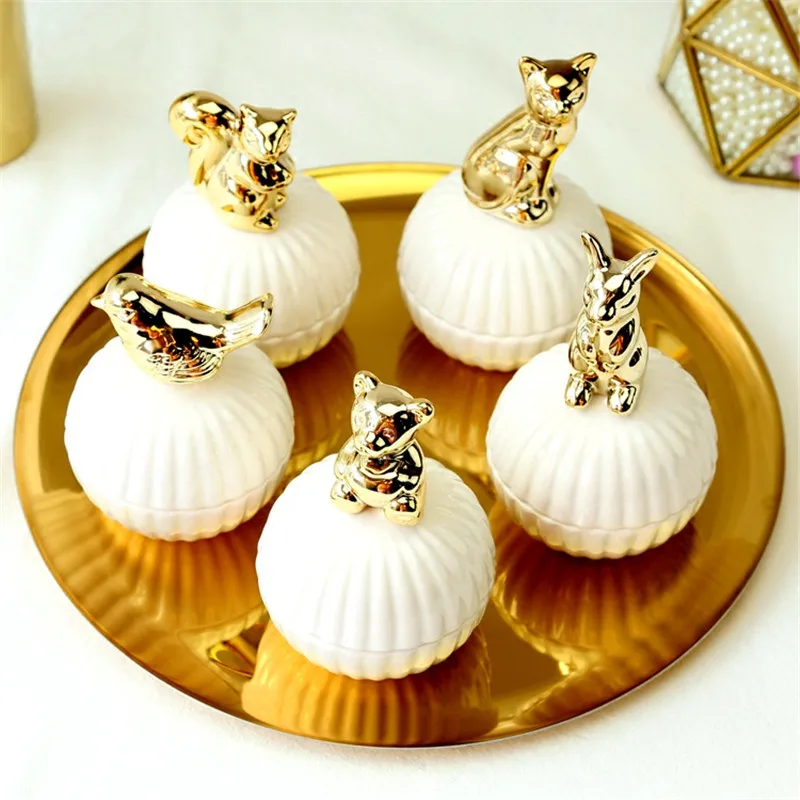 

Nordic Golden ceramic plated animal jewelry box tray ring jewelry storage tank bear bird squirrel storage decorations ornaments