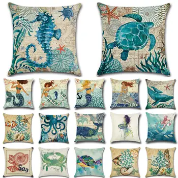 

Sea Marine Animal Mermaid Pattern Cotton Linen Throw Pillow Cushion Cover Car Home Decoration Sofa Bed Decorative Pillowcase