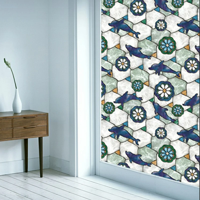 

Wide 45/60/90cm No-glue Privacy Window Cover Film Stained Static Cling Glass Foil Window Sticker UV-Block Bathroom Dolphin