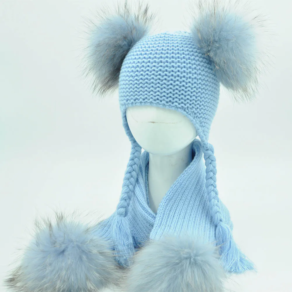 Kids Winter Hat and Scarf Set for Children Girls Boys Luxury Warm Crochet Beanie Set Real Raccoon Fur Pompom Cap and Scarf Set
