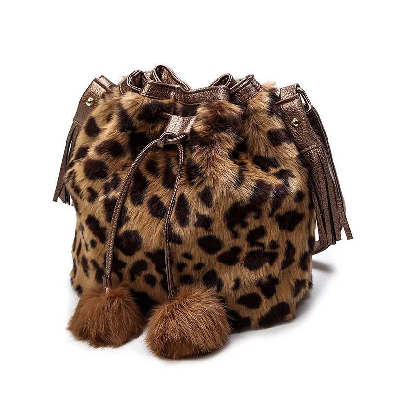 

Women Bags Autumn And Winter Rabbit Fur Bucket Fashion Ladies Shoulder Bag Girl Leopard Pattern Phone Bags