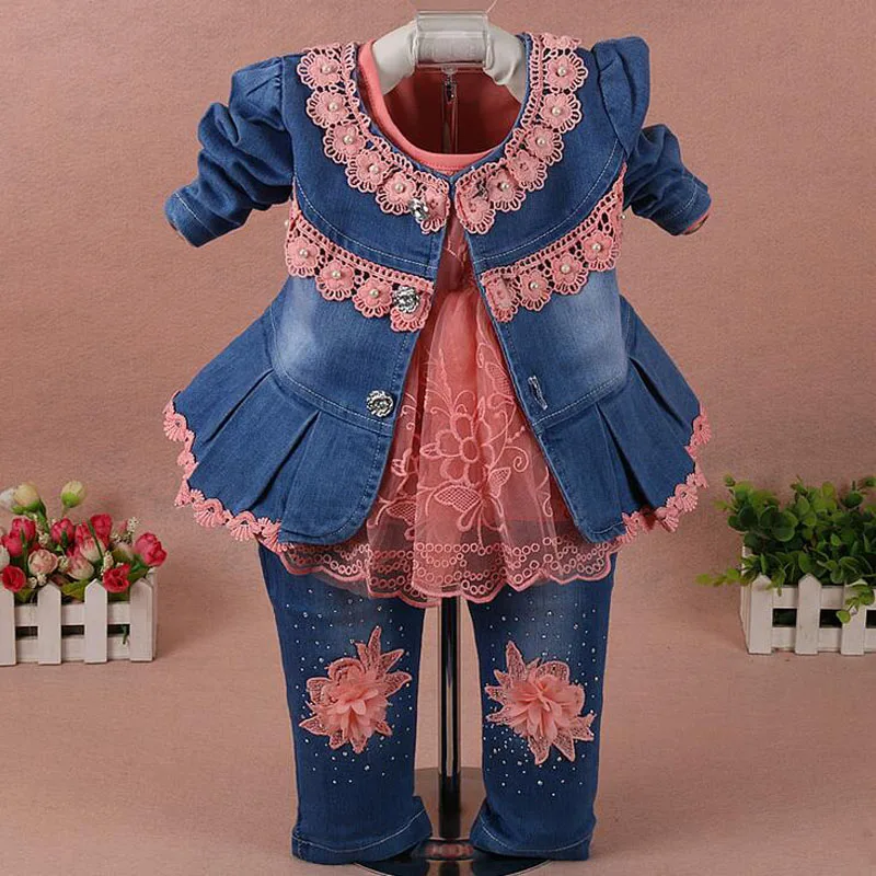 

3Pcs/set Spring Autumn Fashion Jeans Colthes Suit Baby Girls Lace Suits Denim Jacket And White Dress Flower Jeans