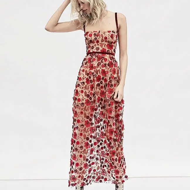 

blusas mujer de moda 2018 Luxurious Mesh Solid Flowers Embroidery Beach Long Dress Chic Spaghetti Straps Empire Maxi Gown 8010