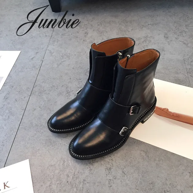 

JUNBIE Black Genuine Leather Zip Side Women Low Heel Boots Round Toe Metal Chain Deco Women Cool Boots Dress Shoes Women
