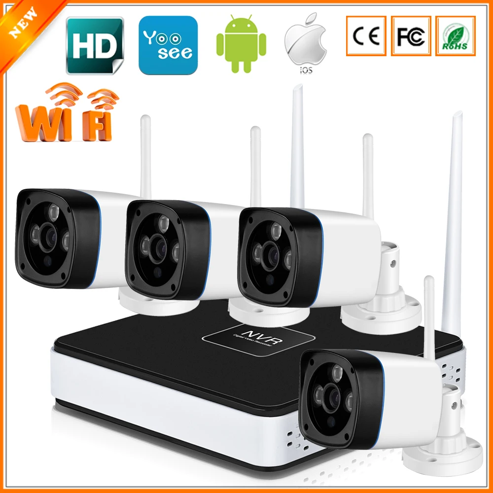  Plug & Play Wireless 4CH CCTV Camera System P2P Wireless NVR & IP Camera 720P/960P Outdoor Bullet Wifi Surveillance System Kit 