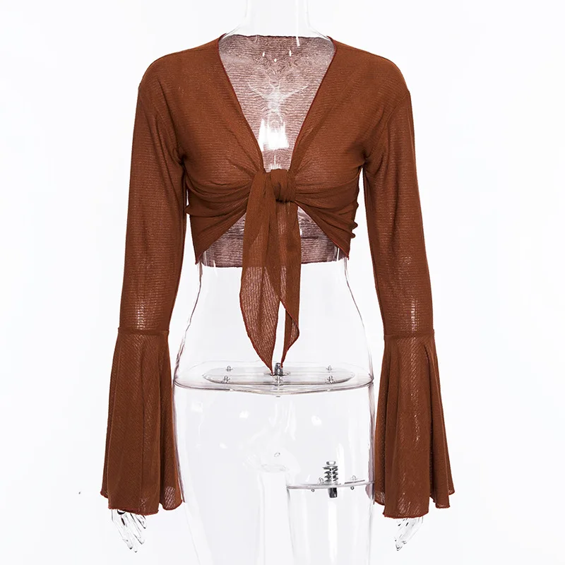 Cryptographic Fashion V neck brown blouse shirt bow sexy crop top short blusas 2018 autumn cropped top women blouses clothes Cryptographic Fashion V neck brown blouse shirt bow sexy crop top short blusas 2018 autumn cropped top women blouses clothes