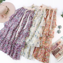 Лето Новое поступление Женская юбка высокая талия Печать шифон корейский стиль полиэстер сшивание