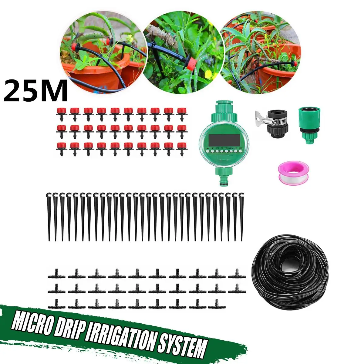 

25M Automatic Water Timer Valve Smart Controller Garden Watering Electrinic Micro Drip Irrigation System With Adjustable Dripper