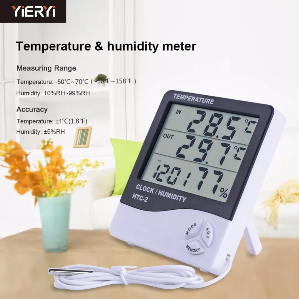 

yieryi HTC-2 Thermometer Hygrometer Weather Station Wireless Temperature Humidity Tester Indoor Outdoor Probe Clock Alarm Tool