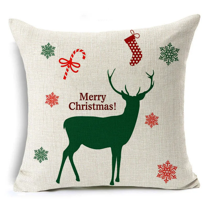 Christmas Deer Cushion Cover Cotton Linen Xmas Deer Santa Claus Presents Gift Home Decorative Pillows Cover for Sofa Nordic