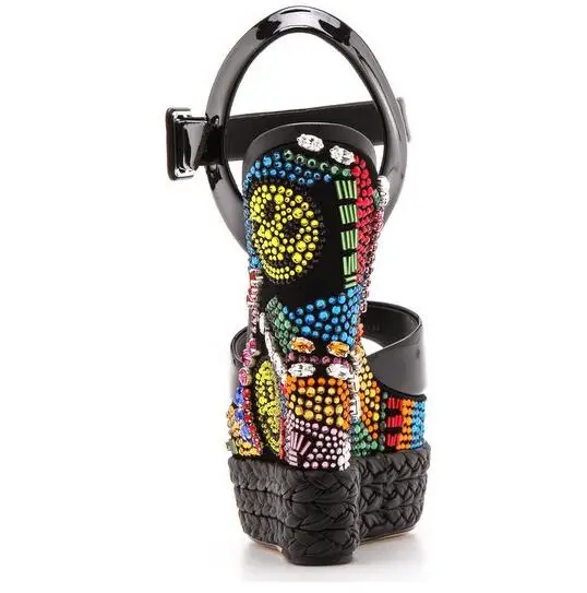 Gullick Brand Black Patent Leather Wedge Sandals Multi-color Crystal Embellished Wedge Sandals Ultra Weave Braid Heel Shoes Women's Shoes