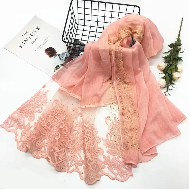 

Lace embroidery flower Scarf Hijab Gold rhinestone edges Shawl Fashion women Scarves Shawls brand wrap soft muffler 16 colors