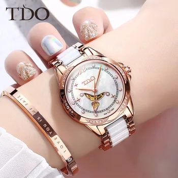 

TDO Women Ceramic Clock Butterfly buckle Design Women's Automatic Mechanical Watch Sapphire Crystal Female Hollow Watches Gift