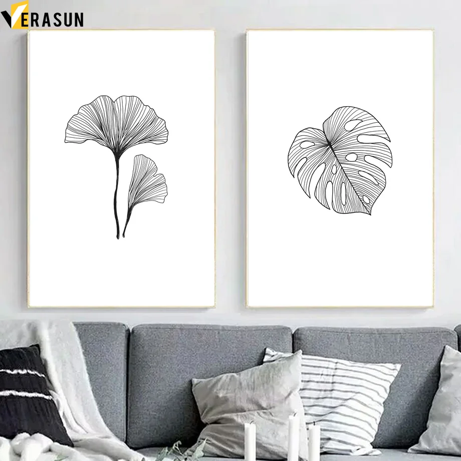 Hitam Putih Kartun Monstera Daun Bunga Dinding Seni Lukisan Kanvas Nordic Poster Dan Cetakan Dinding Gambar Untuk Living Room Dekorasi Picture For Living Room Wall Picturesart Posters And Prints AliExpress