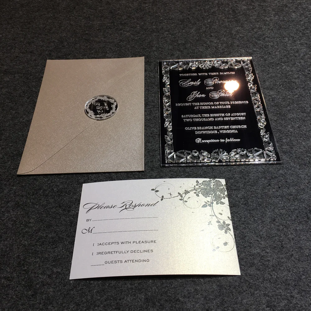  Personalised 5X7inch Silver Mirror Acrylic Wedding Invitation Card 100 Sets Per Lot - 32828226848