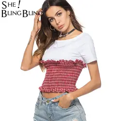SheBlingBling летний плед сращивания Футболка с принтом, с надписью Для женщин Сексуальная эластичный пояс Растениеводство Топ Мода Ruched рюшами