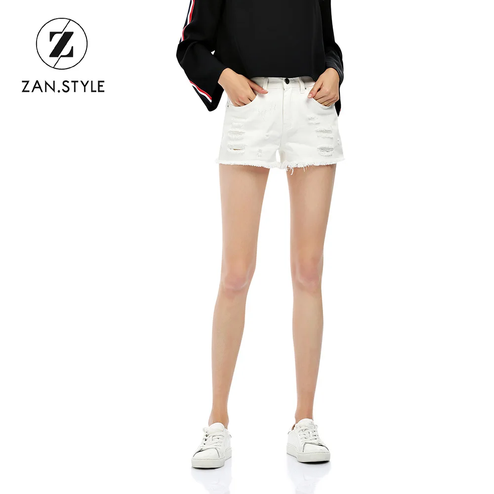 ZAN.STYLE Solid White Ripped Women Shorts Cotton Holes High Waist Mini