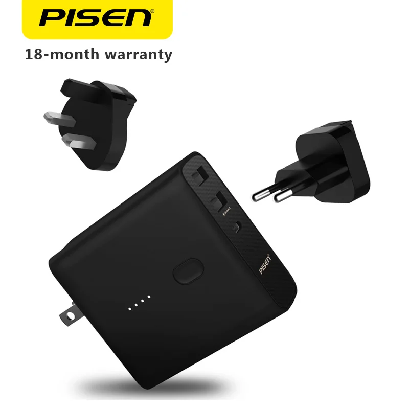 

PISEN 2-in-1 Portable 5000mAh Power Bank USB Wall Charger Universal Travel Type-C 2.1A Smart 3-Port Output AC Folding Adapter
