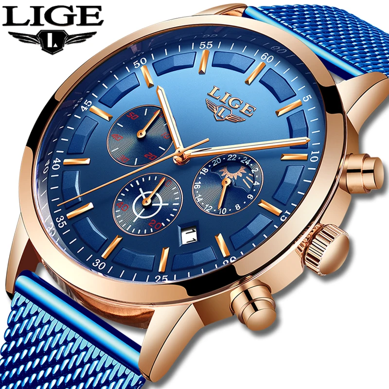 

LIGE New Mens Watches Male Fashion Top Brand Luxury Stainless Steel Blue Quartz Watch Men Casual Sport Waterproof Watch Relojes