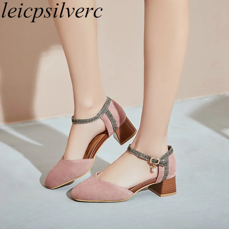 

Women's Pumps Med Heels Spring Autumn Flock Square Toe Crystal Buckle 2019 New Sexy Fashion Casual Pink Black Big Size 34-43