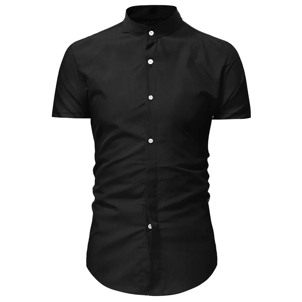 Лето, мужская рубашка, короткий рукав, отложной воротник, пуговицы, мужские официальные рубашки, Япония, уличная одежда, повседневная, облегающая, Camisa Hombre - Цвет: Черный