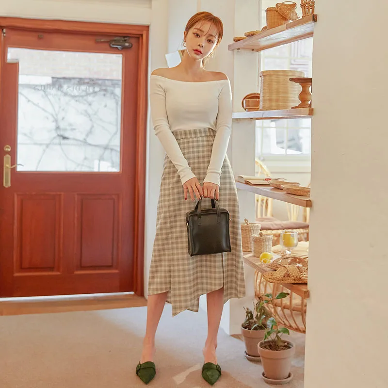Весна Лето Высокая талия клетчатая юбка Светильник Мода Kawaii Jupe Femme Falda Mujer Gonne goning Saia