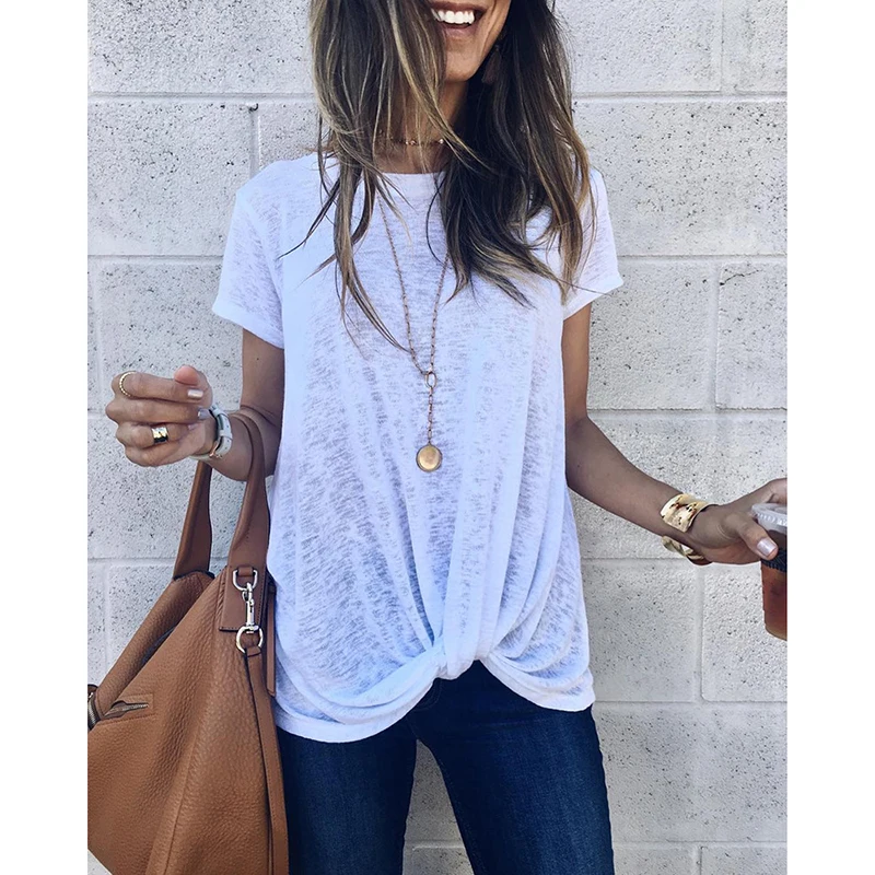 

Casual Criss Cross Knot Tshirt Female T-shirt Streetwear Summer 2019 T Shirt Women Basic Tee Shirt Femme Camiseta Mujer SJ1850M