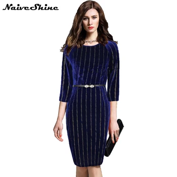 

Naive Shine Elegant Vintage Plus Size 4XL Velvet Women Dress 3/4 Sleeve Striped Print Autumn Winter Casual Pencil Office Dresses