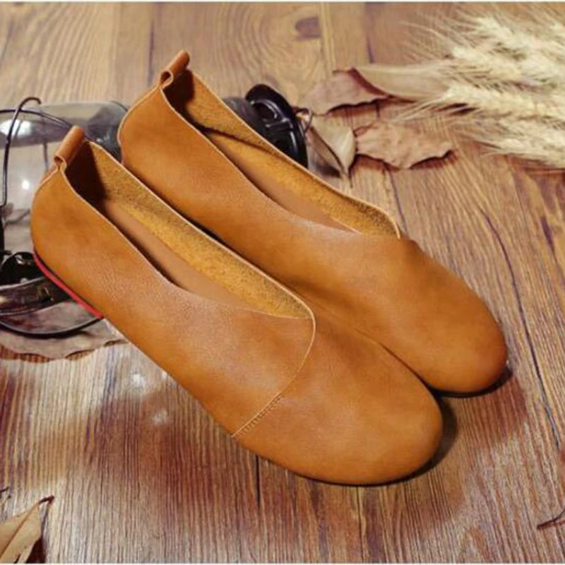 Kaufen 2020 Vintage Kunst handgemachte schuhe Mikrofaser Leder Wohnungen Frauen Schuhe Flach mund Lässige Mode Frauen Schuhe Plus Größe 41  43 f8