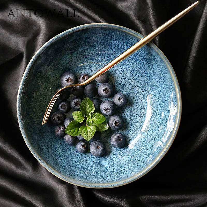 

ANTOWALL Japanese ceramic tableware blue shallow mouth pasta ramen bowl fruit salad bowl instant noodle soup bowl home