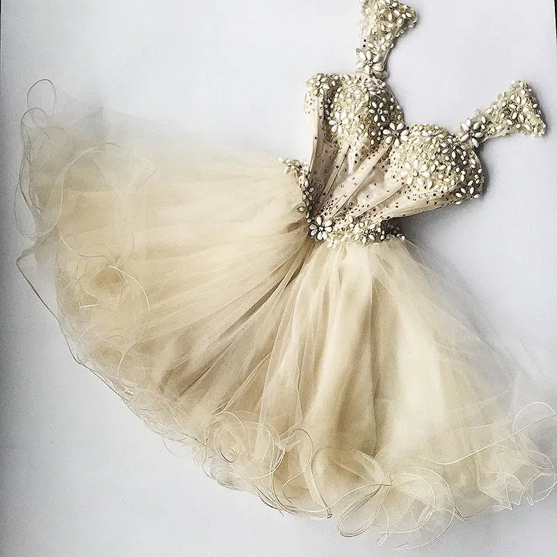 Шикарный расшитый бисером цвета Шампань коктейльное платье из фатина платье для выпускного с аппликацией оборками Сексуальное Милое вечернее платье с кристаллами