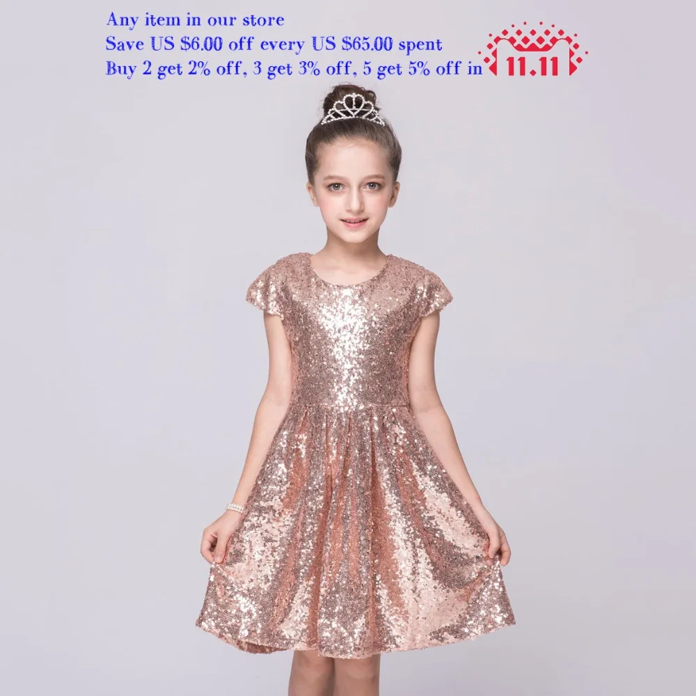 Kids Knee Length Blue Hot Pink Pink Bling Bling Party Dresses Children Clothes One Pieces 2-7y Girls Gold Sequin Girls Dress