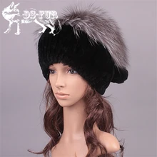 High-end Fur Hat Winter Cute Kintted Rex Rabbit Fur Hats With Fox Fur Pom Poms Top Female Causal Beanies Lady Cap Women’s Hat