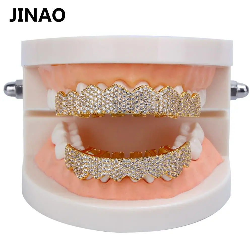 JINAO Золото Серебро Цвет Iced Out золото Grillz Кристалл ювелирные изделия верхнее дно грили зубы ювелирные изделия для тела хип-хоп Bling AAA кубический циркон - Окраска металла: Gold