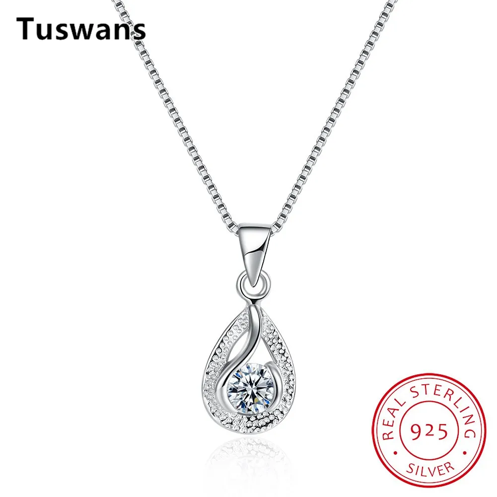100 925 Sterling Silver Water Drop Pendant Necklace Women Shiny AAA