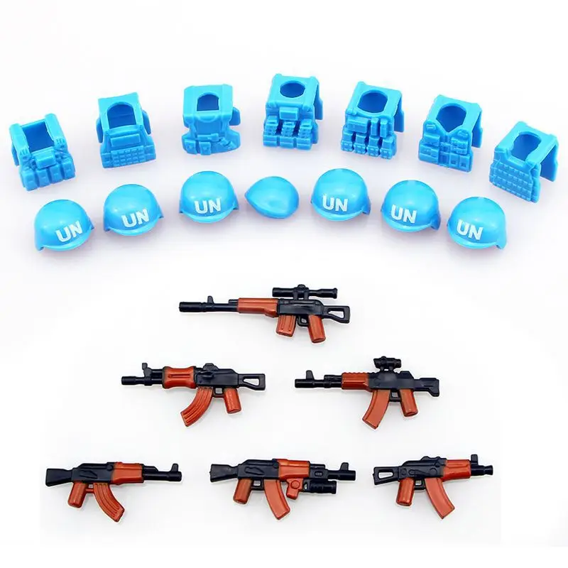 

6pcs guns+7pcs helmet and Beret UN Bulletproof Vest AK Weapons Pack Military Army Arms lightsaber For City Police Toys