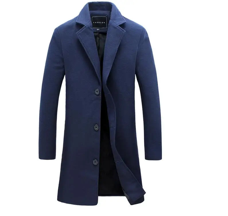 Мужская осенне-зимняя шерстяная и смешанная одежда для мужчин однотонные повседневные деловые тренчи Высококачественная брендовая тонкая длинная куртка - Цвет: Navy