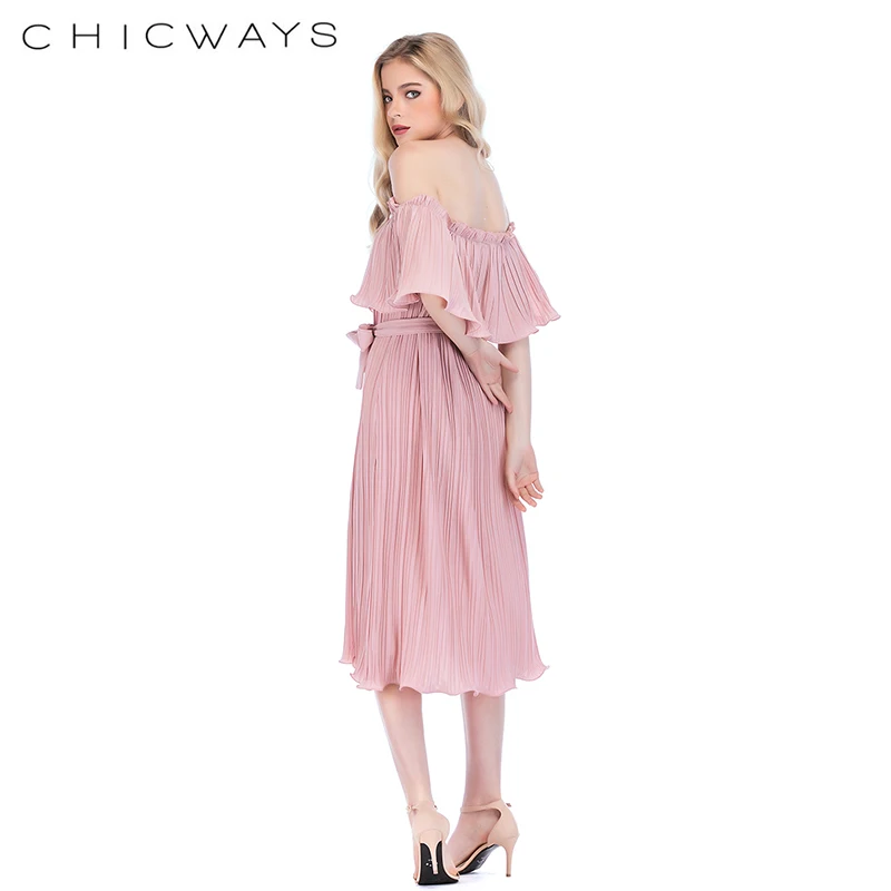 Chicways летнее однотонное Плиссированное женское платье повседневное с открытыми