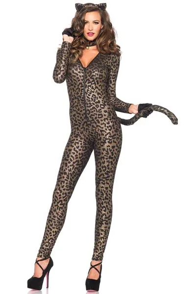 Three-piece Zip Up Front Bell Charm Choker Golden Luxury Catsuit Sexy Animal Kitten Costume for Adults L15369 (2)
