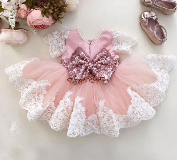 Кружевное фатиновое платье до колен розового цвета с цветочным рисунком для маленьких девочек первый день рождения бальные платья детское нарядное платье на вечеринку с блестящим бантом