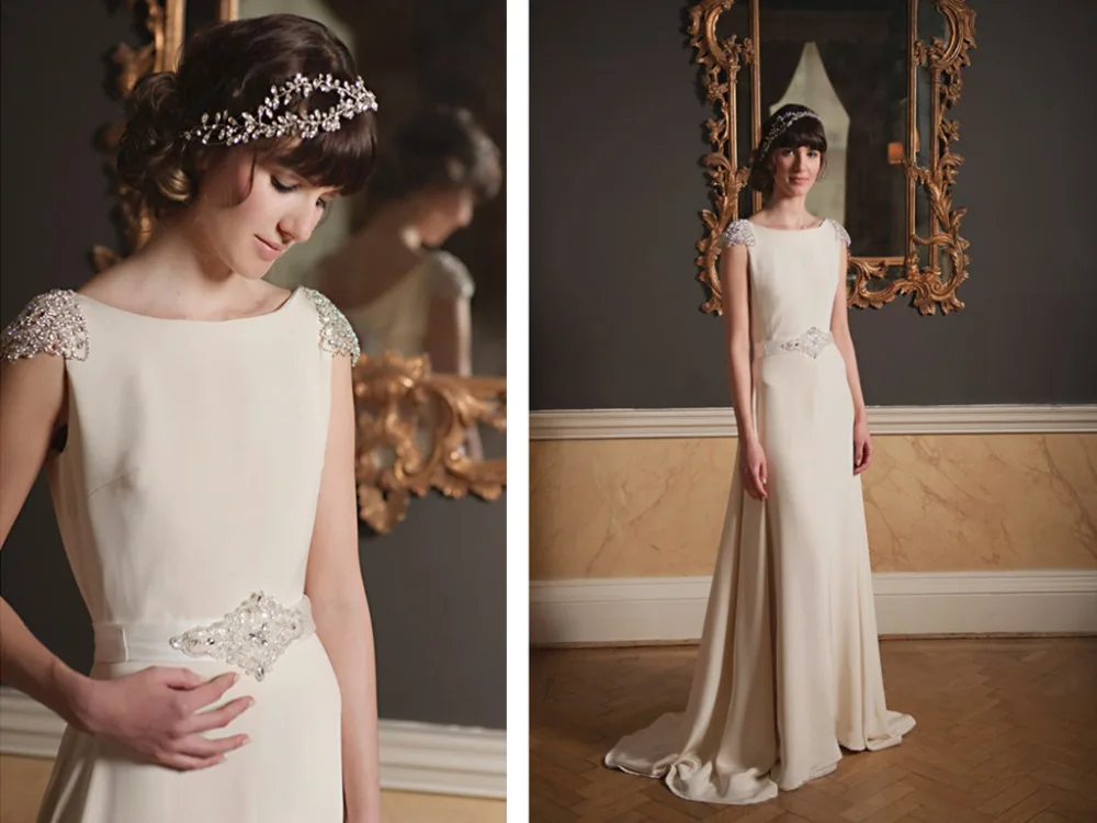 

Free Shipping weddings Elegant cap sleeve a-line crystal sashes Long evening Dresses vestido de noiva 2015 robe de mariage