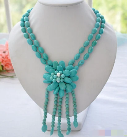 

song voge gem nanJ0402 blue rice round turquoise bead flower necklace