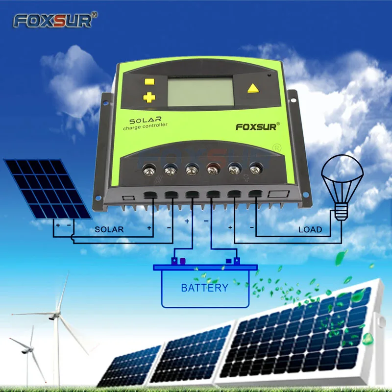 FOXSUR ЖК-контроллер заряда 60A PWM 12 V 24 V автоматическая зарядка солнечных батарей регулятор разрядки, регулируемый параметр