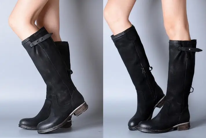 Коричневые сапоги до колена с закругленным носком в западном стиле женская обувь из натуральной кожи на не сужающемся книзу массивном каблуке женские сапоги для верховой езды в стиле ретро размер 35-41