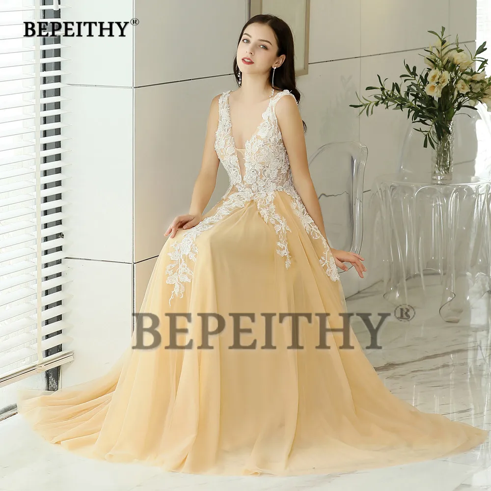 BEPEITHY Evening Dresses Long V Neck Champagne Tulle Lace Prom Dress Robe De Soiree Sexy Backless Evening Gown 2019