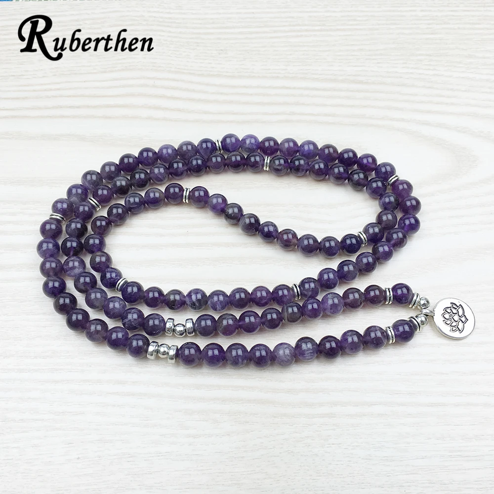 Billig Ruberthen 2018 Luxuriöse Design Lila Natürliche Stein 108 Mala Lotus Armband oder Halskette Reiki Aufgeladen Buddhistischen Rosenkranz Armband