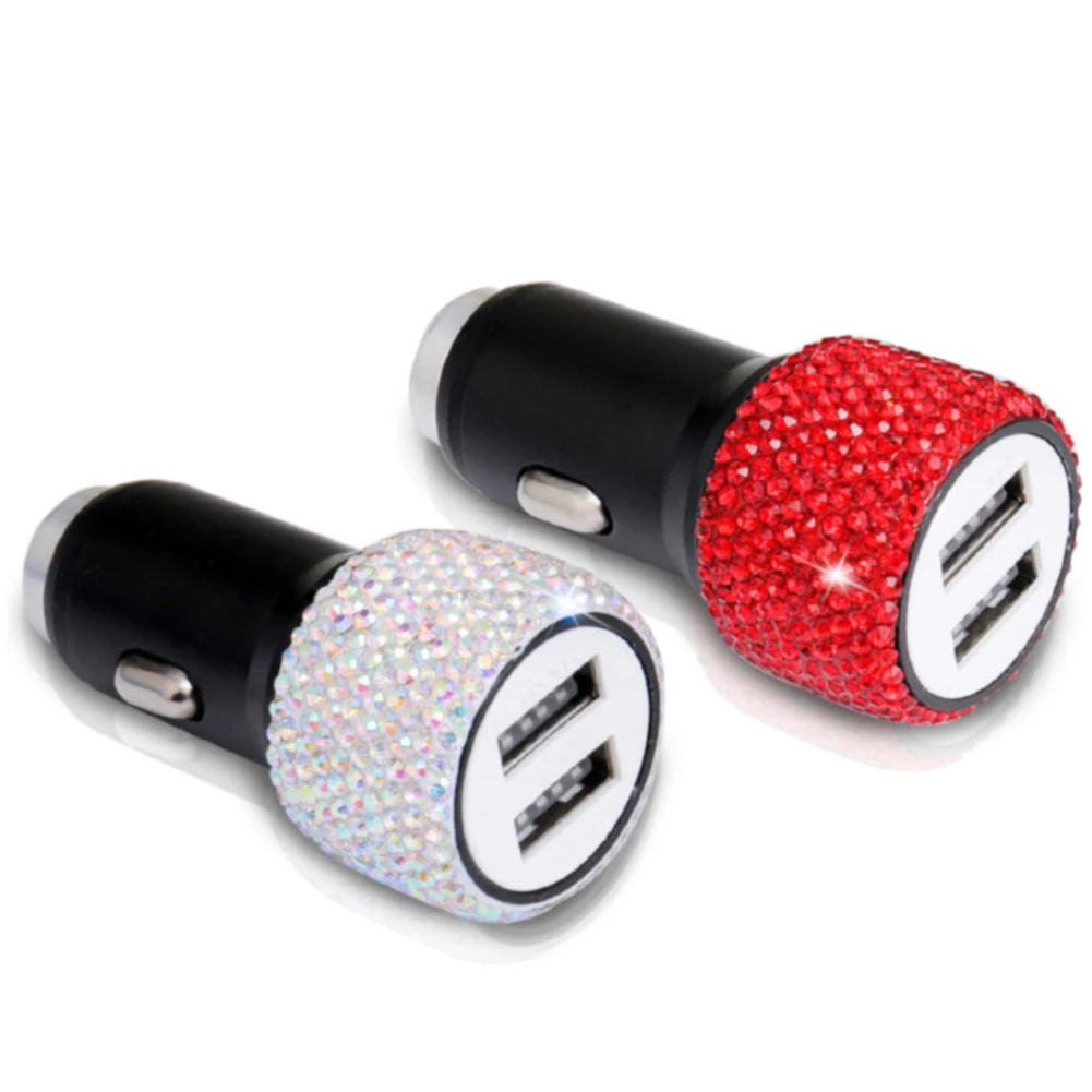 هدية شاحن سيارة ثنائي USB شحن سريعة سبائك الألومنيوم العالمي الساطع حجر الراين دائم مؤشر LED ل هاتف تابلت