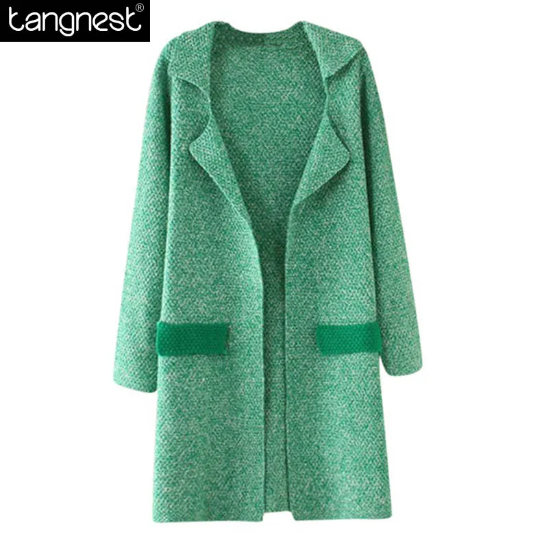 TANGNEST Knitted Cardigan 2017 Brand Long Sweater Contrast Pocket Fashion Turndown Collar Knitted Sweater Cozy Jersey WZL551